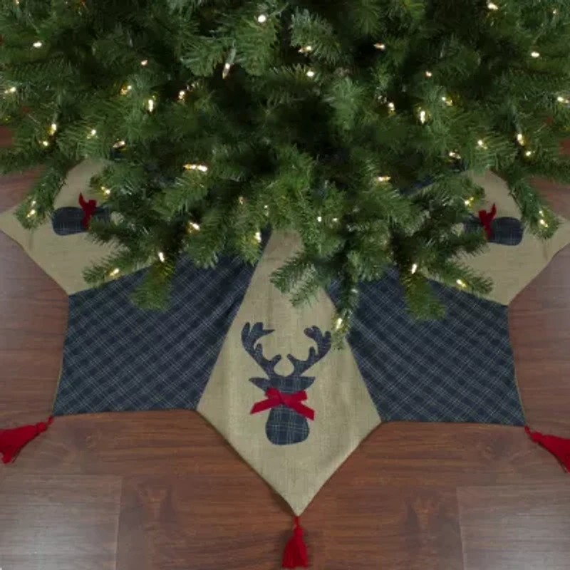 Northlight 48in Blue And Brown Burlap And Plaid Reindeer With Tassels Indoor Tree Skirt