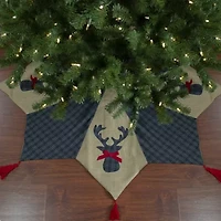 Northlight 48in Blue And Brown Burlap And Plaid Reindeer With Tassels Indoor Tree Skirt