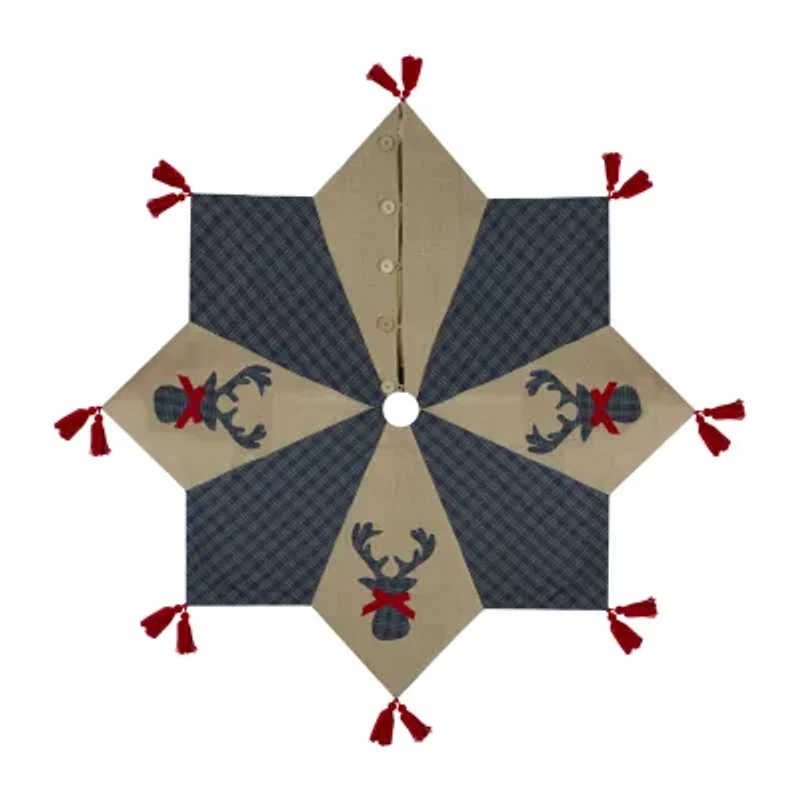 Northlight 48in Blue And Brown Burlap And Plaid Reindeer With Tassels Indoor Tree Skirt