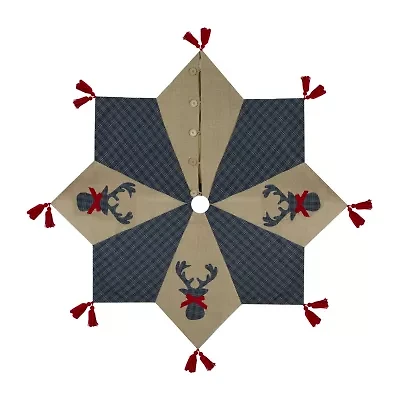 Northlight 48in Blue And Brown Burlap And Plaid Reindeer With Tassels Indoor Tree Skirt