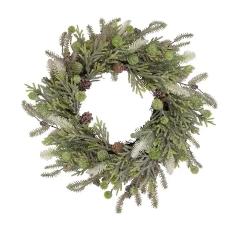 Northlight With Frosted Foliage And Pine Cones - 24in - Unlit Wreath