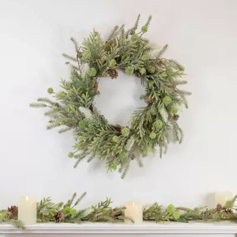Northlight With Frosted Foliage And Pine Cones - 24in - Unlit Wreath