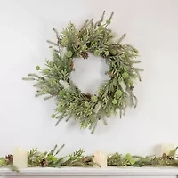 Northlight With Frosted Foliage And Pine Cones - 24in - Unlit Wreath