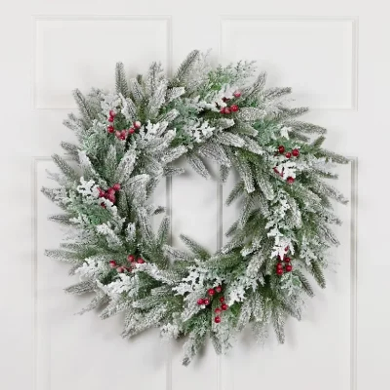 Northlight Flocked Wind River Fir With Berries - 24in - Unlit Wreath
