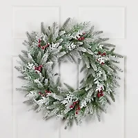 Northlight Flocked Wind River Fir With Berries - 24in - Unlit Wreath
