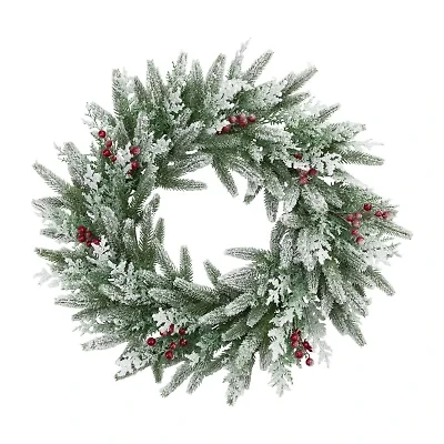 Northlight Flocked Wind River Fir With Berries - 24in - Unlit Wreath