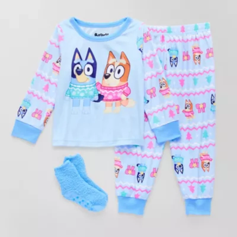 Toddler Girls Bluey Velour Crew Neck Long Sleeve 3-pc. Pajama Sets