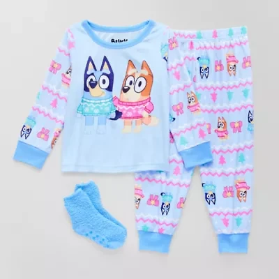 Toddler Girls Bluey Velour Crew Neck Long Sleeve 3-pc. Pajama Sets