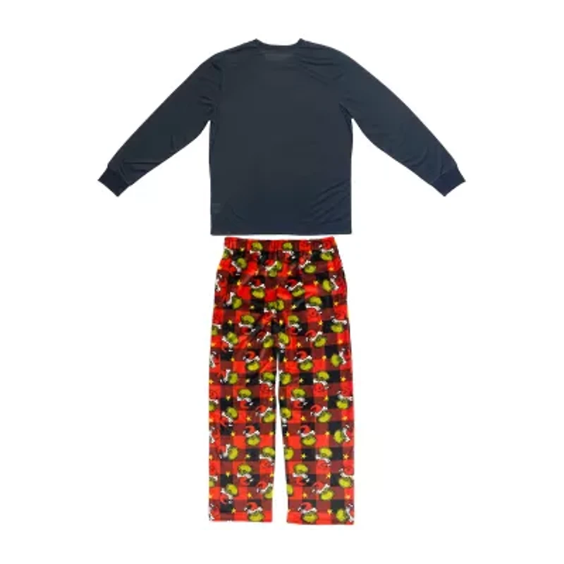 Mens Dr. Seuss Grinch Microfleece Crew Neck Long Sleeve 2-pc. Matching Family Big Pajama Sets