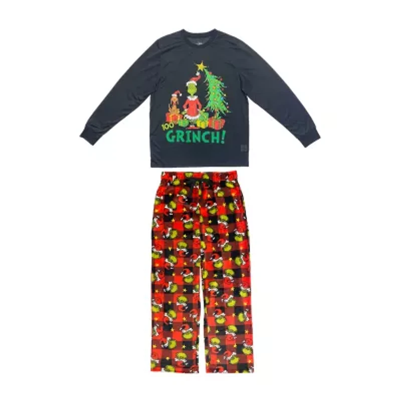 Mens Dr. Seuss Grinch Microfleece Crew Neck Long Sleeve 2-pc. Matching Family Big Pajama Sets