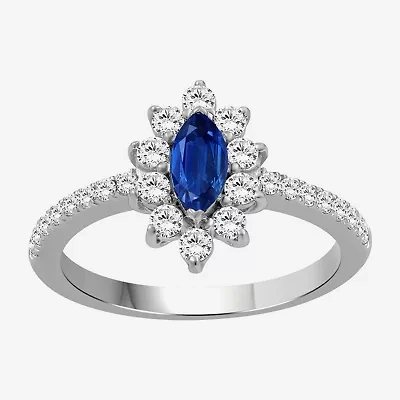 Womens 3 1/2 CT. T.W Genuine Blue Sapphire 10K White Gold Marquise Halo Cocktail Ring