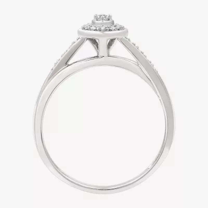 Yes, Please! Womens 1/10 CT. T.W. Lab Grown White Diamond Sterling Silver Heart Halo Side Stone Cocktail Ring