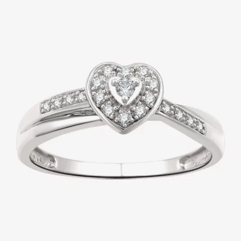 Yes, Please! Womens 1/10 CT. T.W. Lab Grown White Diamond Sterling Silver Heart Halo Side Stone Cocktail Ring