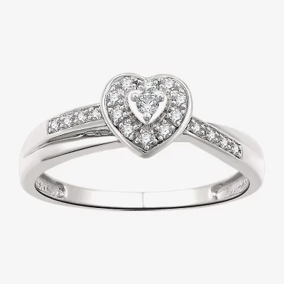 Yes, Please! Womens 1/10 CT. T.W. Lab Grown White Diamond Sterling Silver Heart Halo Side Stone Cocktail Ring
