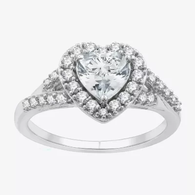 Yes, Please! Womens Lab Created White Sapphire Sterling Silver Heart Side Stone Cocktail Ring