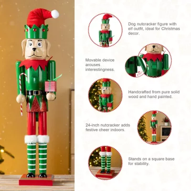 Glitzhome 24"H Wooden Christmas Dog Wood Christmas Nutcracker