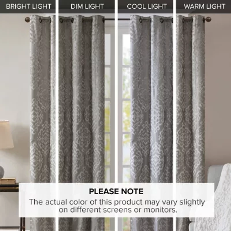 Madison Park Elysia Knitted Jacquard Damask Grommet Top Energy Saving 100% Blackout Single Curtain Panel