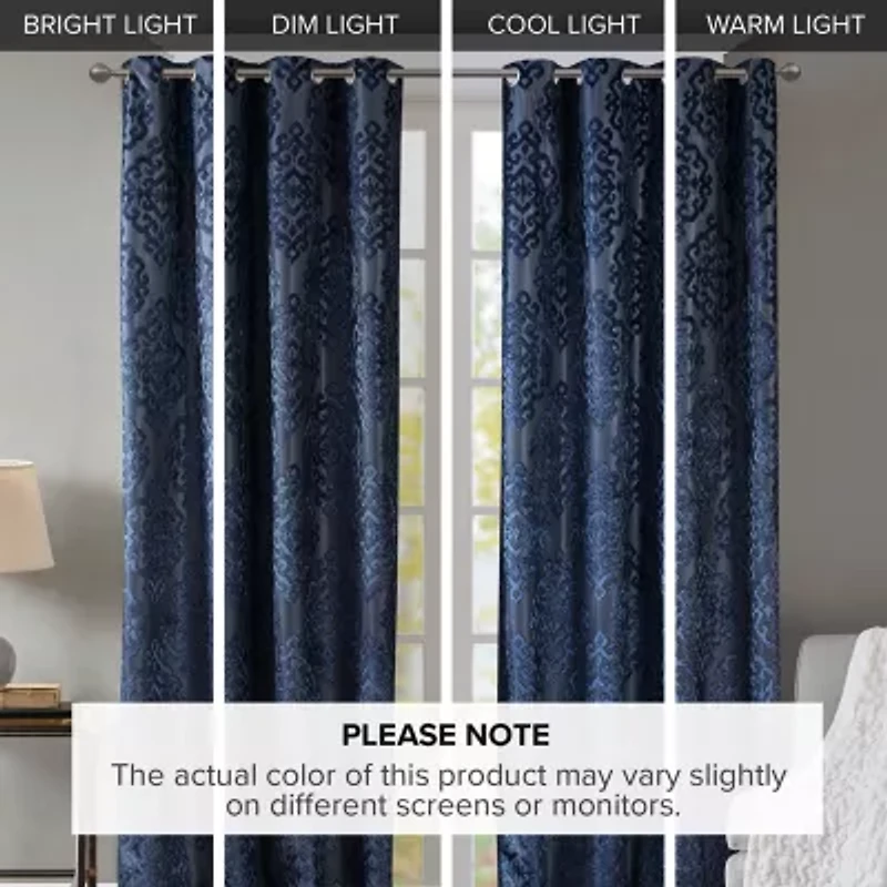 Madison Park Elysia Knitted Jacquard Damask Grommet Top Energy Saving 100% Blackout Single Curtain Panel