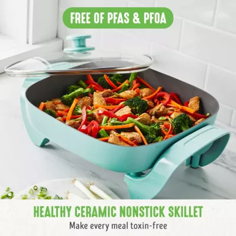 GreenLife 12" 5QT Square Electric Skillet, Glass Vented Lid, Ceramic PFAS-Free Nonstick Coated Interior, Adjustable Temperature Control, Cool Touch Handles, Quick Even Heating, Scratch Resistant
