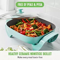 GreenLife 12" 5QT Square Electric Skillet, Glass Vented Lid, Ceramic PFAS-Free Nonstick Coated Interior, Adjustable Temperature Control, Cool Touch Handles, Quick Even Heating, Scratch Resistant
