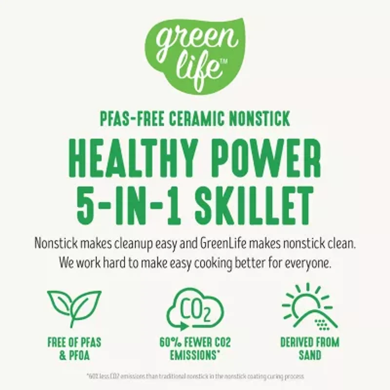 GreenLife 12" 5QT Square Electric Skillet, Glass Vented Lid, Ceramic PFAS-Free Nonstick Coated Interior, Adjustable Temperature Control, Cool Touch Handles, Quick Even Heating, Scratch Resistant