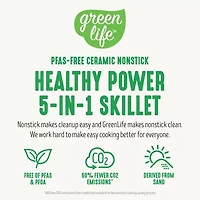 GreenLife 12" 5QT Square Electric Skillet, Glass Vented Lid, Ceramic PFAS-Free Nonstick Coated Interior, Adjustable Temperature Control, Cool Touch Handles, Quick Even Heating, Scratch Resistant