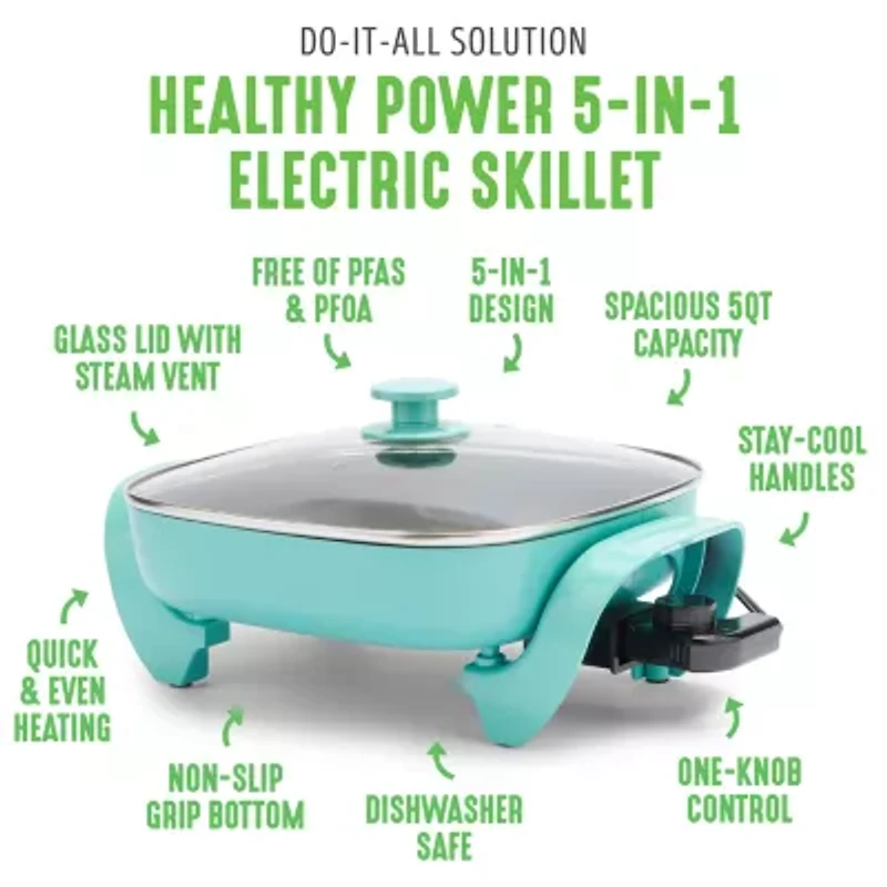 GreenLife 12" 5QT Square Electric Skillet, Glass Vented Lid, Ceramic PFAS-Free Nonstick Coated Interior, Adjustable Temperature Control, Cool Touch Handles, Quick Even Heating, Scratch Resistant