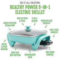 GreenLife 12" 5QT Square Electric Skillet, Glass Vented Lid, Ceramic PFAS-Free Nonstick Coated Interior, Adjustable Temperature Control, Cool Touch Handles, Quick Even Heating, Scratch Resistant
