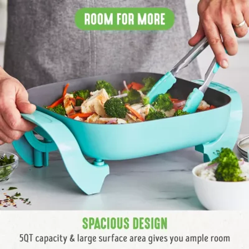 GreenLife 12" 5QT Square Electric Skillet, Glass Vented Lid, Ceramic PFAS-Free Nonstick Coated Interior, Adjustable Temperature Control, Cool Touch Handles, Quick Even Heating, Scratch Resistant