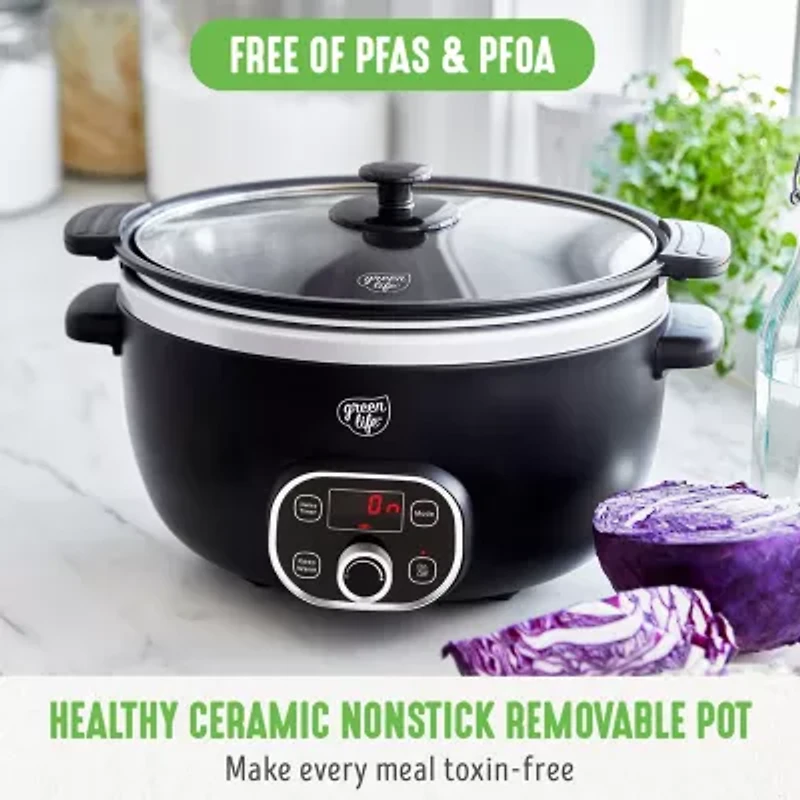 GreenLife Cook Duo Healthy Ceramic Nonstick 6QT Slow Cooker, PFAS-Free, Digital Timer, Dishwasher Safe Parts