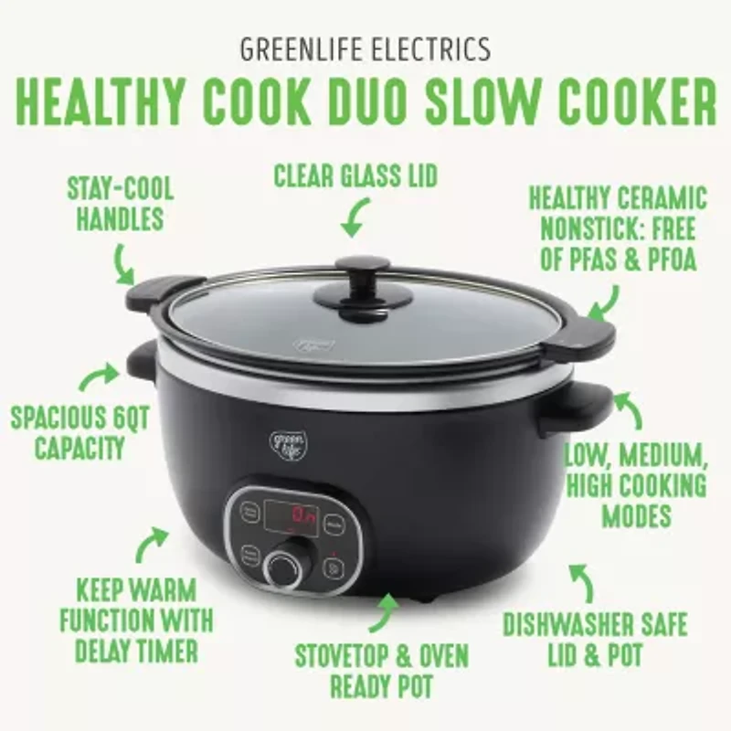 GreenLife Cook Duo Healthy Ceramic Nonstick 6QT Slow Cooker, PFAS-Free, Digital Timer, Dishwasher Safe Parts