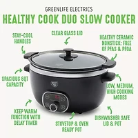 GreenLife Cook Duo Healthy Ceramic Nonstick 6QT Slow Cooker, PFAS-Free, Digital Timer, Dishwasher Safe Parts