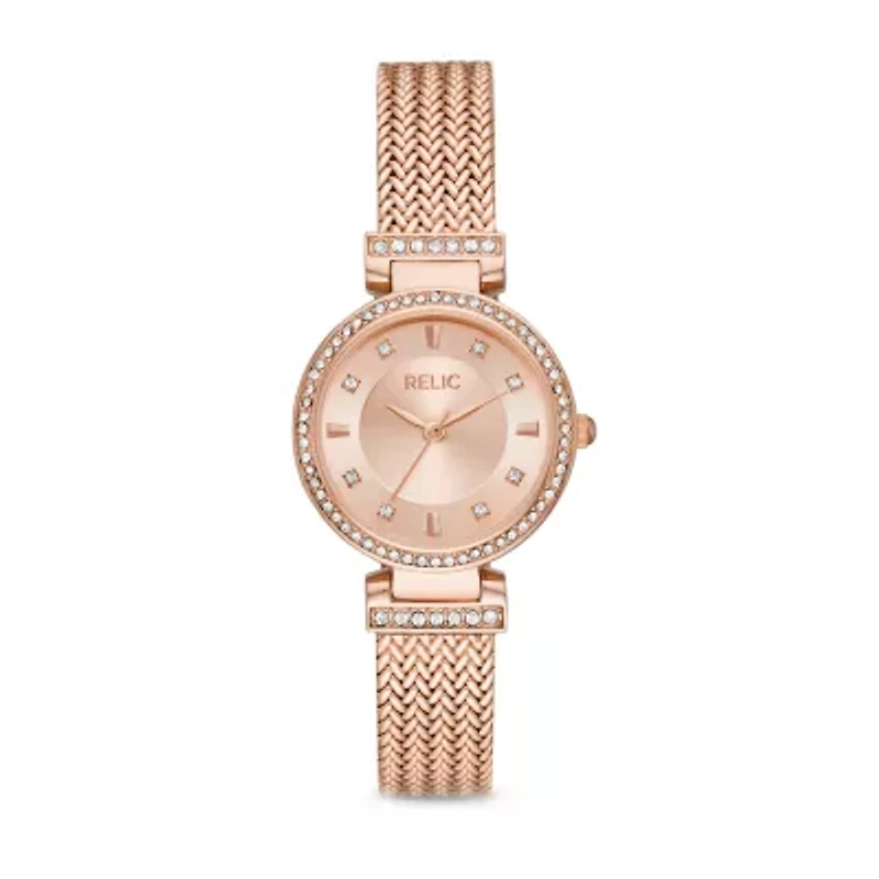 Relic By Fossil Savannah Womens Crystal Accent Rose Goldtone Stainless Steel Bracelet Watch Zr34577