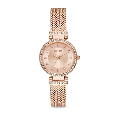 Relic By Fossil Savannah Womens Crystal Accent Rose Goldtone Stainless Steel Bracelet Watch Zr34577