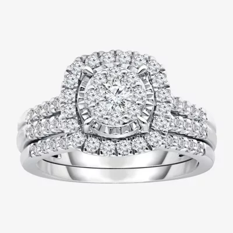 Womens 1 CT. T.W. Lab Grown White Diamond 10K or 14K Gold Cushion Side Stone Halo Bridal Set