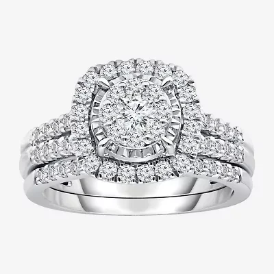 Womens 1 CT. T.W. Lab Grown White Diamond 10K or 14K Gold Cushion Side Stone Halo Bridal Set
