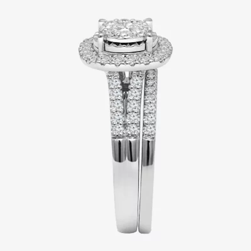 Womens 1 CT. T.W. Lab Grown White Diamond 10K or 14K Gold Cushion Side Stone Halo Bridal Set