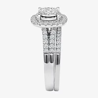 Womens 1 CT. T.W. Lab Grown White Diamond 10K or 14K Gold Cushion Side Stone Halo Bridal Set