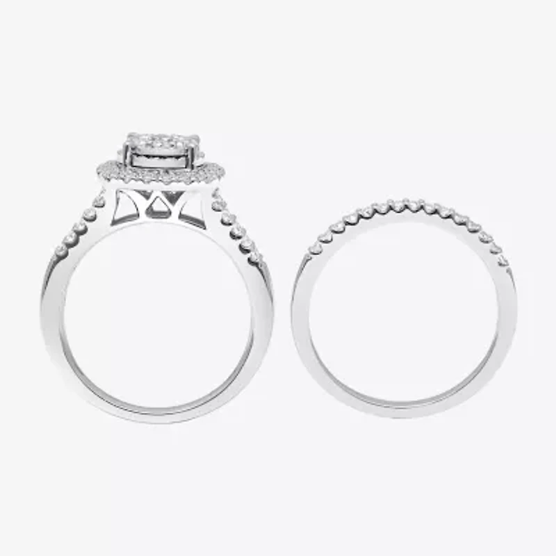 Womens 1 CT. T.W. Lab Grown White Diamond 10K or 14K Gold Cushion Side Stone Halo Bridal Set