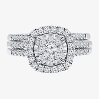Womens 1 CT. T.W. Lab Grown White Diamond 10K or 14K Gold Cushion Side Stone Halo Bridal Set