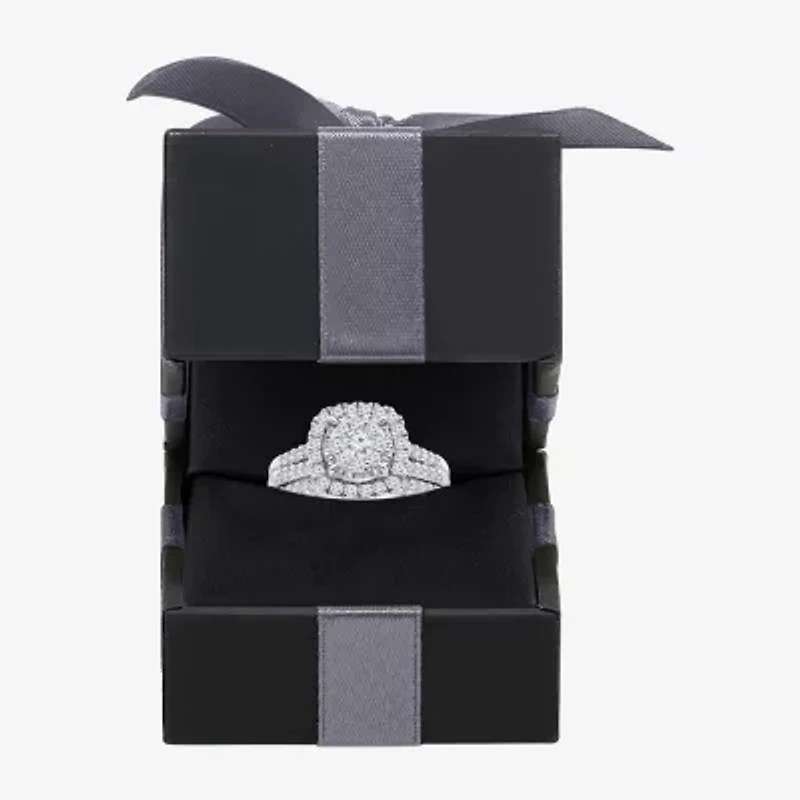 Womens 1 CT. T.W. Lab Grown White Diamond 10K or 14K Gold Cushion Side Stone Halo Bridal Set