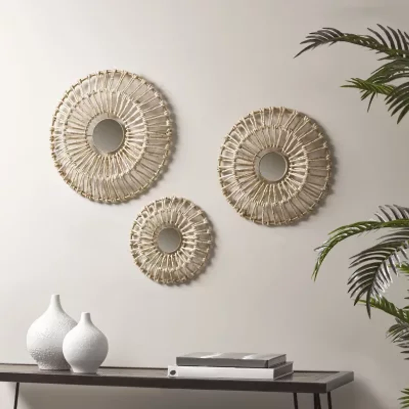 Madison Park Ella Round Natural Fiber And Mirror 3-pc. Wall Art Set