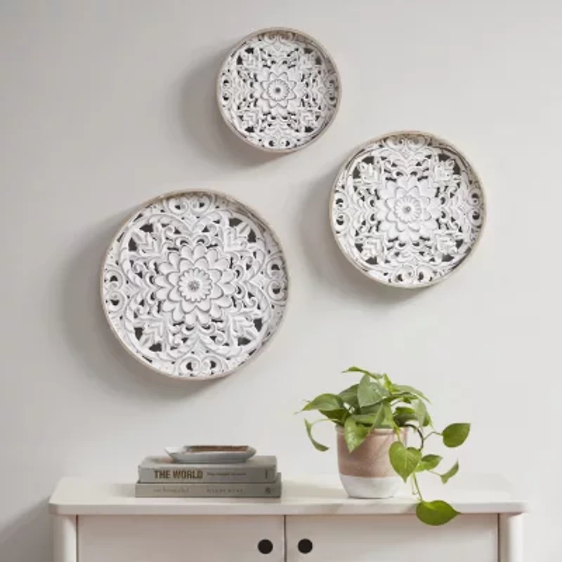 Madison Park Medallion White Floral Carved Wood 3-pc. Framed Wall Art Set