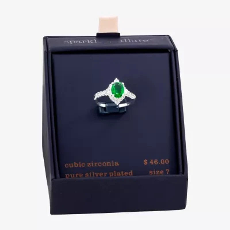 Sparkle Allure Womens Green Cubic Zirconia Pure Silver Over Brass Oval Halo Cocktail Ring