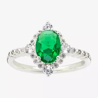 Sparkle Allure Womens Green Cubic Zirconia Pure Silver Over Brass Oval Halo Cocktail Ring