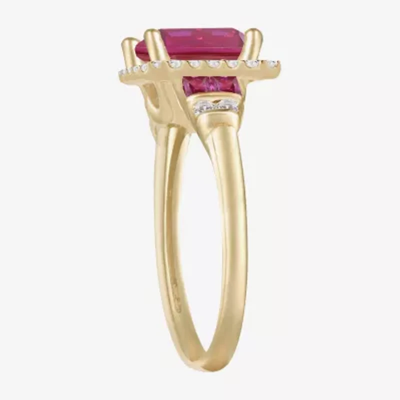 Womens Lab Created Red Ruby 14K Gold Over Silver Side Stone Cocktail Ring