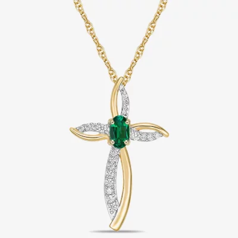 Womens 1/10 CT. T.W. Lab Created Green Emerald 10K Gold Cross 18 Inch Pendant Necklace