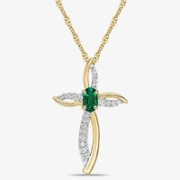 Womens 1/10 CT. T.W. Lab Created Green Emerald 10K Gold Cross 18 Inch Pendant Necklace