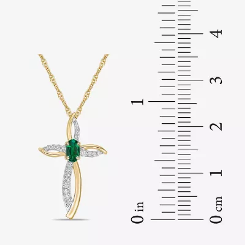 Womens 1/10 CT. T.W. Lab Created Green Emerald 10K Gold Cross 18 Inch Pendant Necklace