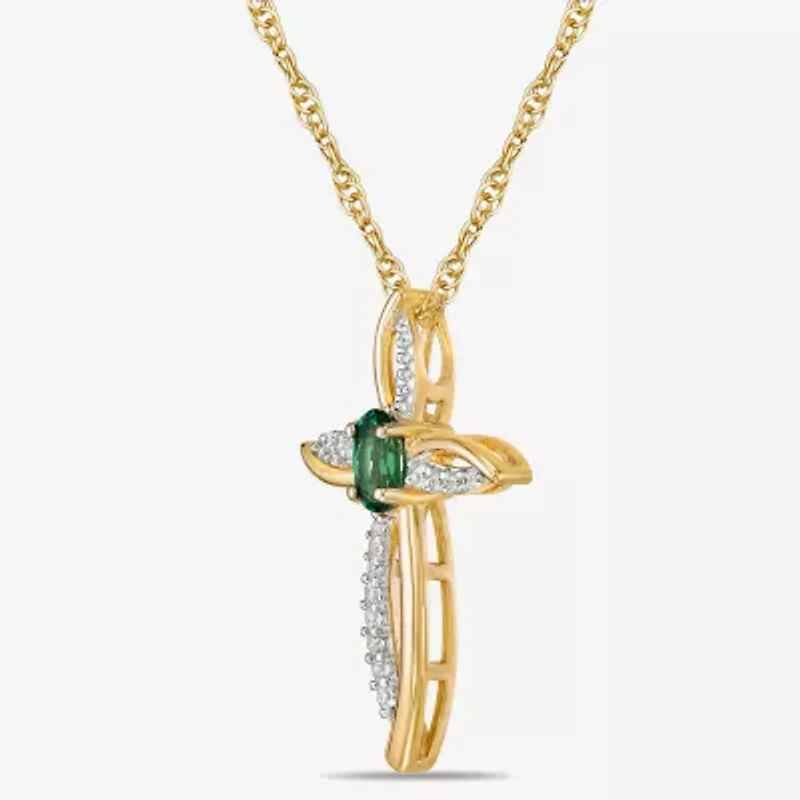 Womens 1/10 CT. T.W. Lab Created Green Emerald 10K Gold Cross 18 Inch Pendant Necklace